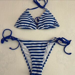 Blue and white striped bikini set size small